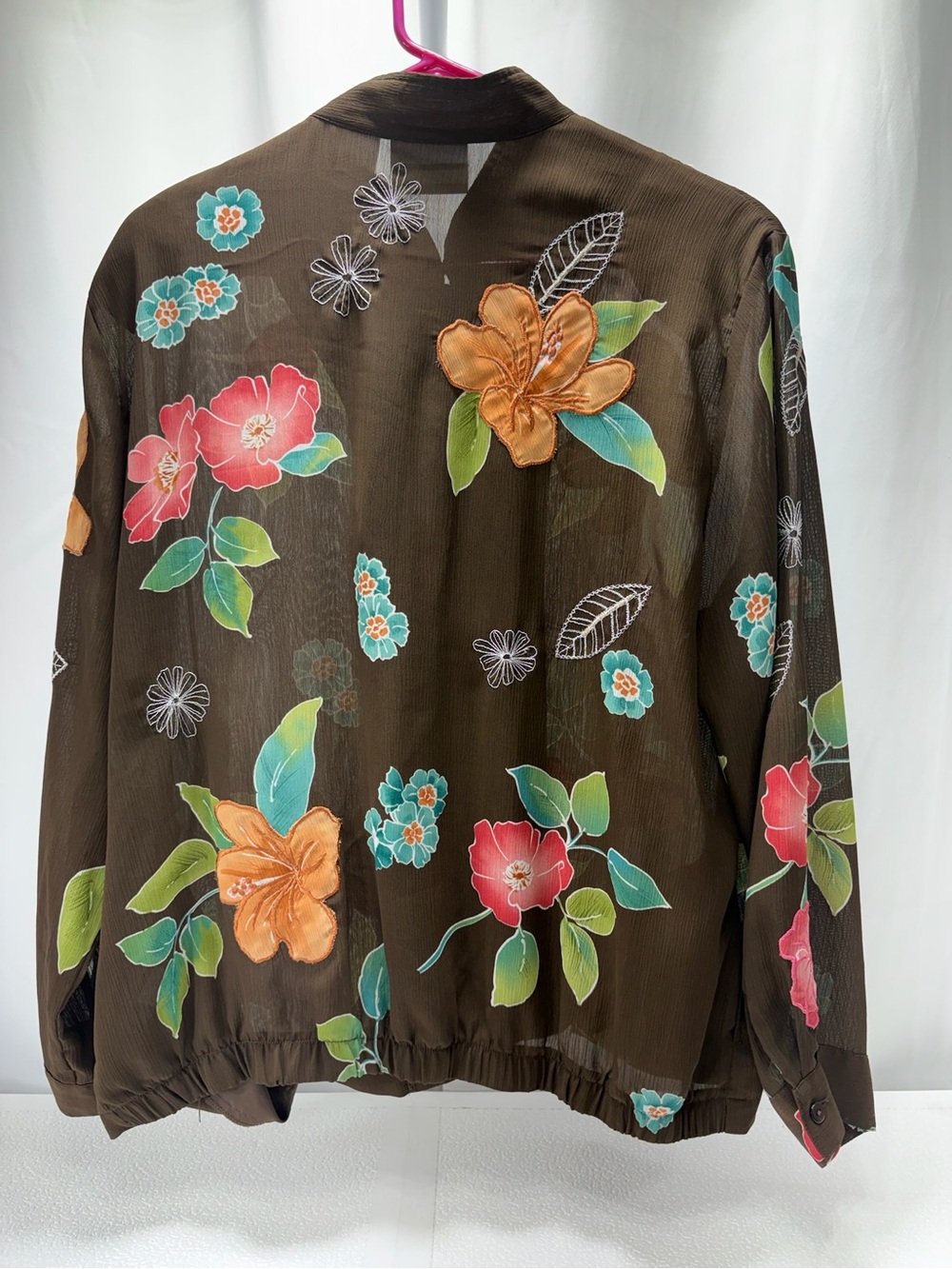 Alfred Dunner Brown Floral Bomber Jacket with Orange, Teal and Pink Accents 4364